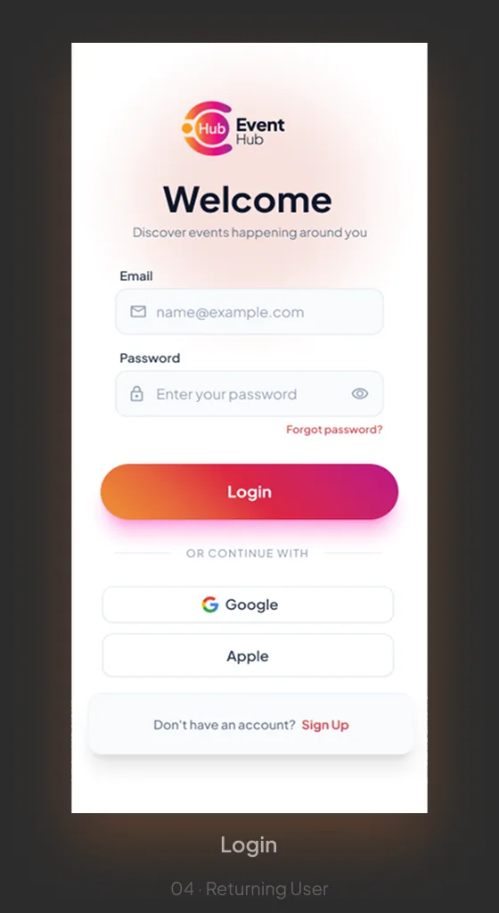 Event Hub login screen