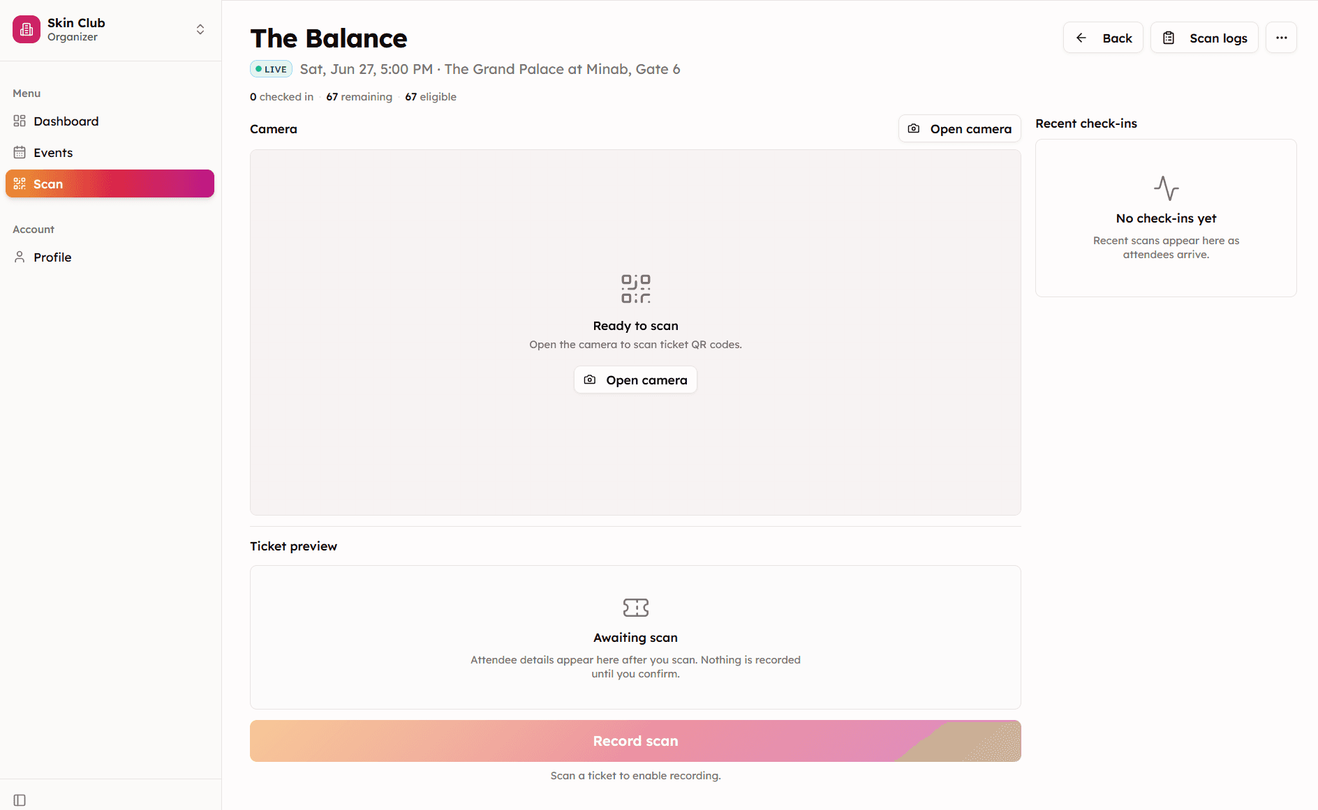 Event Hub organizer ticket scanner